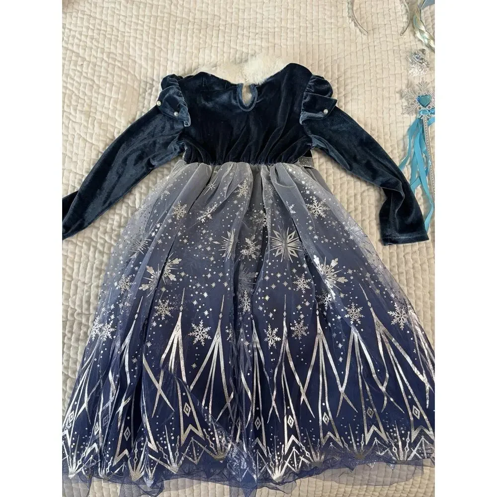 Fuyimei Girls 110 4-5T Ice Snow Princess Costume Dress Tiara Wand Braid Set